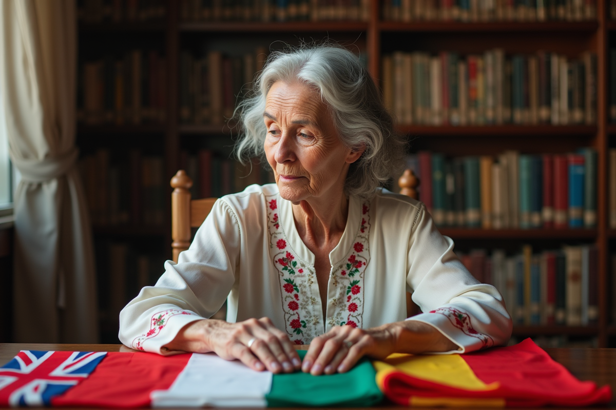 Femme âgée arrangeant des drapeaux dans une ambiance studieuse