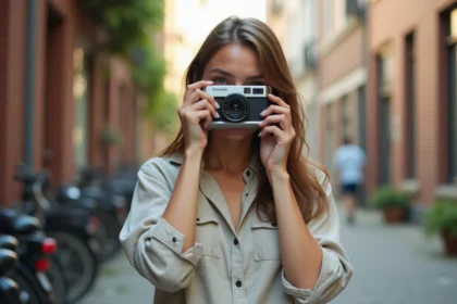 Femme tenant un appareil photo jetable réutilisable en ville, comparaison entre photographie argentique et numérique