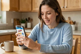 Femme consultant une application de récompenses Monopoly sur son smartphone dans une cuisine moderne