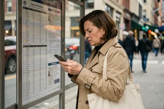 Femme consultant son smartphone et les horaires affichés à un arrêt de bus en ville, illustrant la comparaison entre temps réel et horaires théoriques du bus 323
