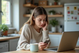 Femme détendue vérifiant son smartphone dans la cuisine