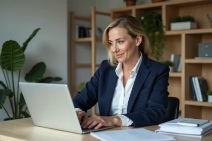 Femme professionnelle en bureau moderne en train de taper une lettre de résiliation