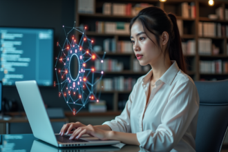 Jeune femme au bureau regardant un diagramme digital