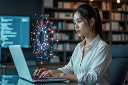 Jeune femme au bureau regardant un diagramme digital