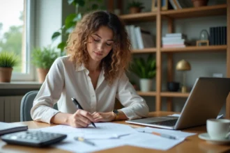 Femme professionnelle remplissant ses formulaires fiscaux à domicile