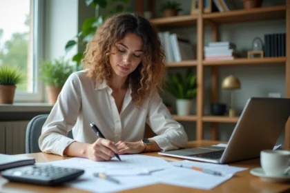 Femme professionnelle remplissant ses formulaires fiscaux à domicile