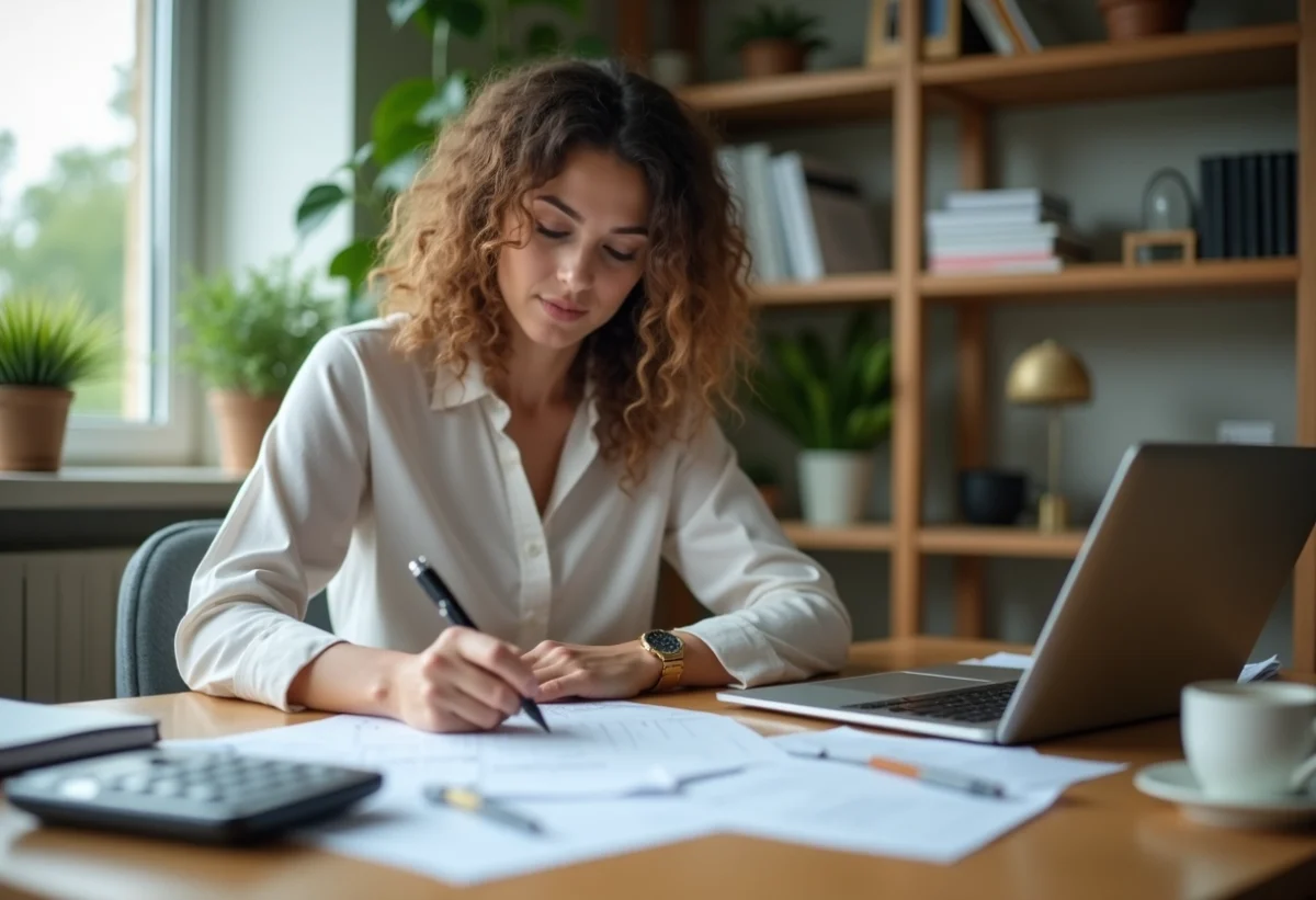Femme professionnelle remplissant ses formulaires fiscaux à domicile