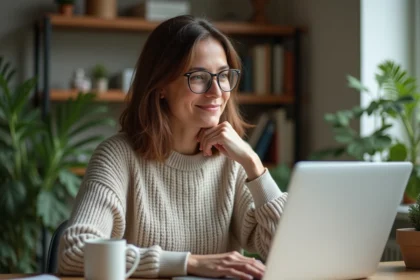 Femme assise dans un bureau à domicile avec ordinateur et plantes
