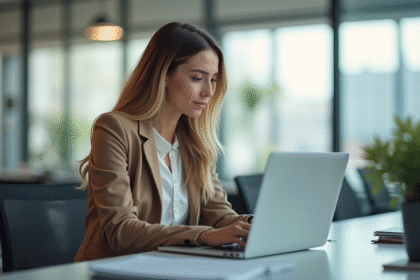 Femme confiante travaillant sur son ordinateur dans un bureau lumineux