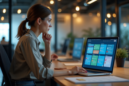 Femme concentrée utilisant un ordinateur avec interface multilingue