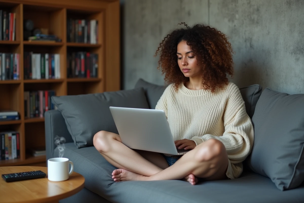 Femme détendue sur un canapé consultant des recommandations de séries sur un blog geek avec son ordinateur portable