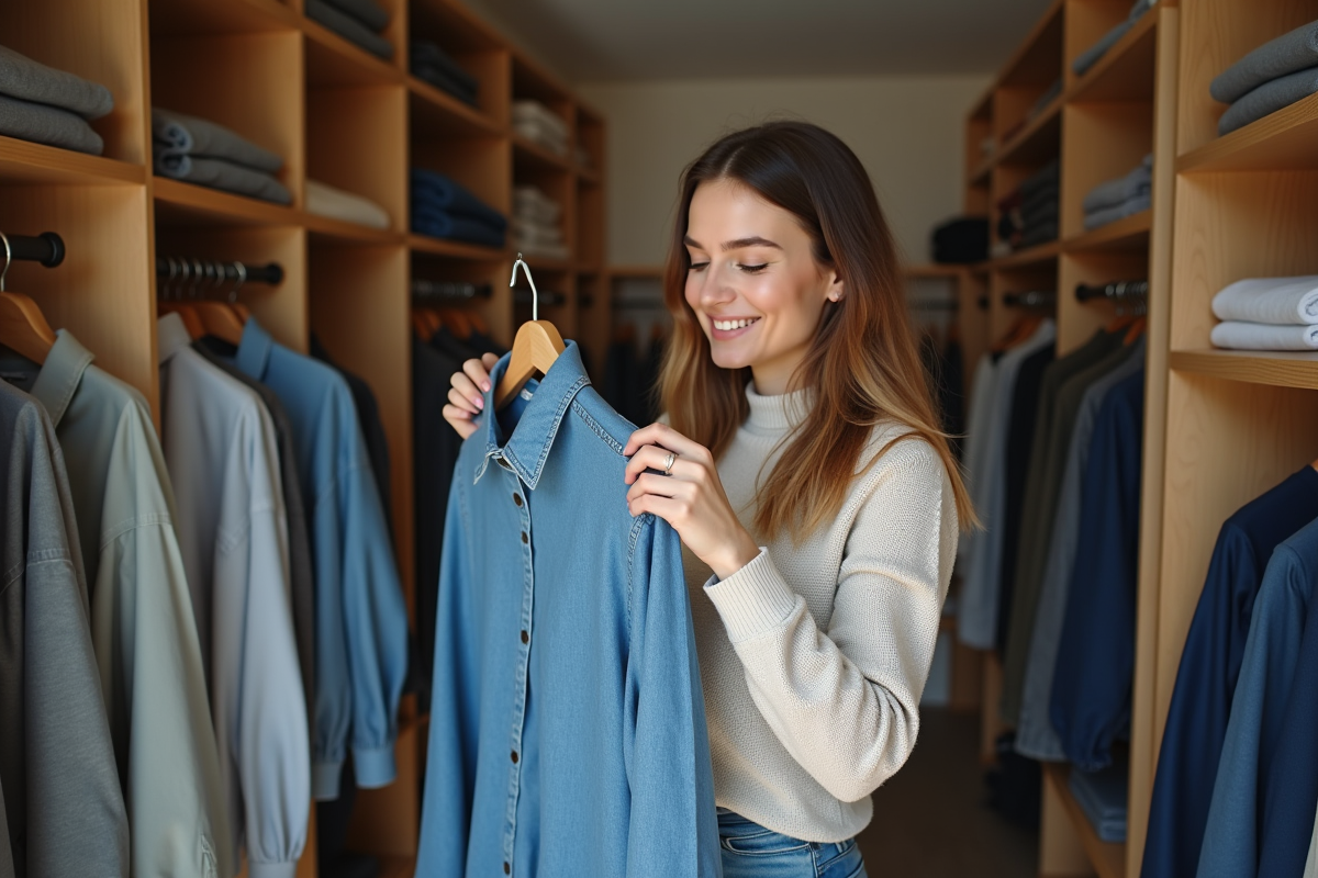 Femme dans un dressing moderne compare deux chemises