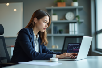 Jeune femme configure un appareil IoT au bureau