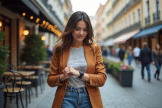 Femme élégante en blazer dans un café urbain