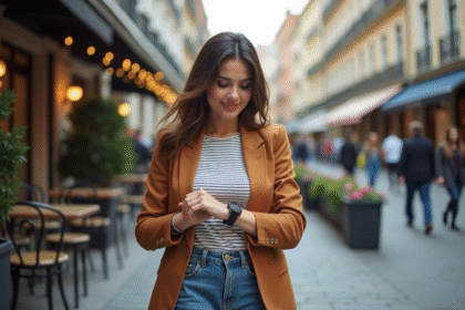 Femme élégante en blazer dans un café urbain