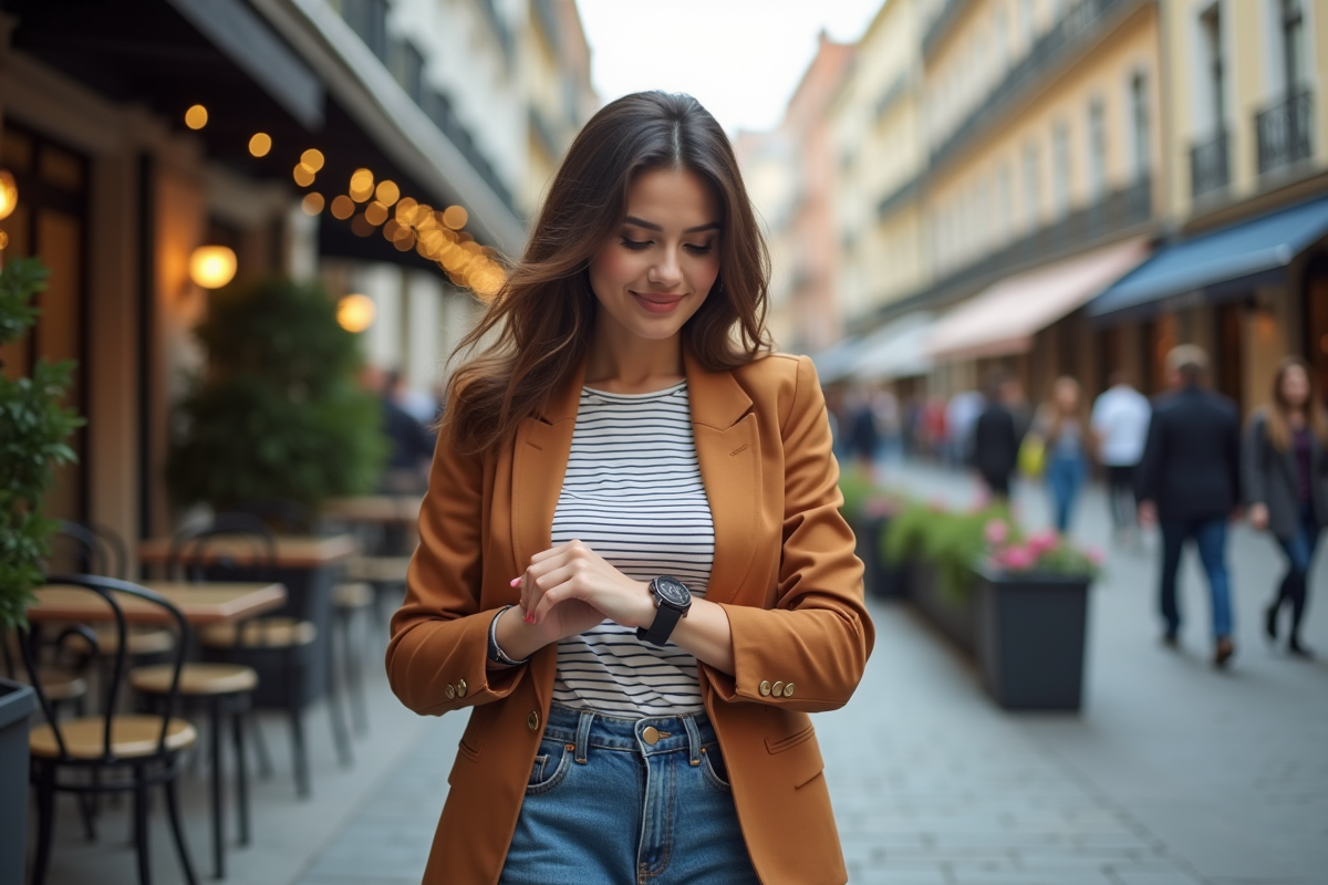 Femme élégante en blazer dans un café urbain