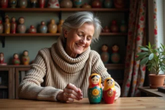 Femme souriante examine des matriochkas sur une table en bois