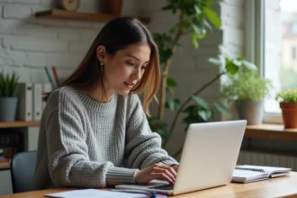 Femme découvrant la plateforme Co-valence.fr sur un ordinateur portable dans un bureau à domicile chaleureux