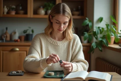 Femme dessinant une rune dans une cuisine chaleureuse