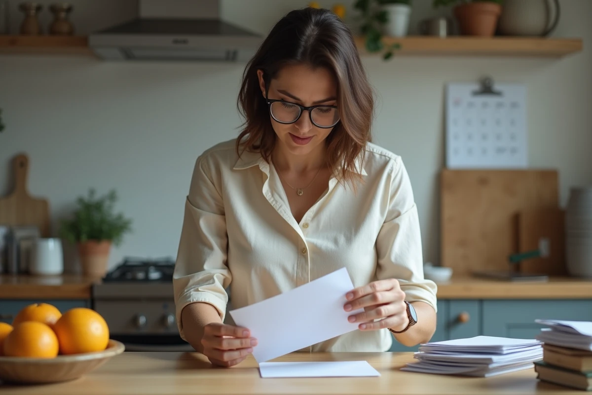 Femme âgée collant un timbre sur une lettre dans la cuisine