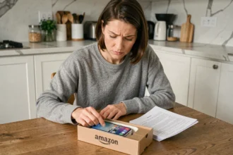 Femme examinant un smartphone reconditionné Amazon avec son emballage ouvert sur une table de cuisine