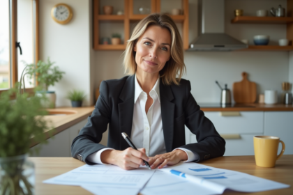 Femme d'âge moyen remplissant des documents financiers à la maison