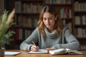 Femme concentrée relisant un exercice de grammaire française dans un carnet sur un bureau en bois, entourée de dictionnaires