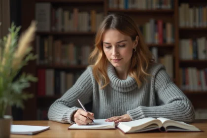 Femme concentrée relisant un exercice de grammaire française dans un carnet sur un bureau en bois, entourée de dictionnaires