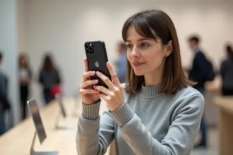 Femme tenant un iPhone 14 dans un Apple Store officiel, comparant les prix des smartphones haut de gamme