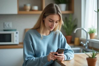 Jeune femme en cuisine jouant sur son smartphone