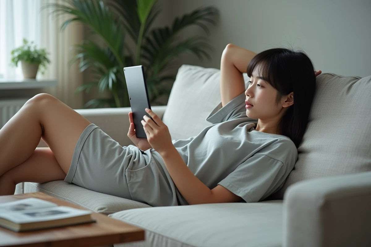 Jeune femme lisant des scans manga sur une tablette allongée sur un canapé dans un salon moderne et minimaliste