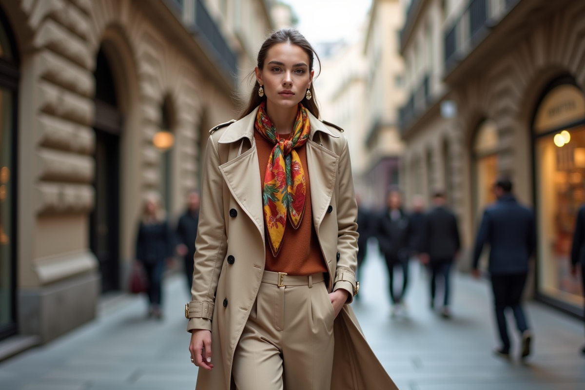 Femme élégante en trench beige dans la ville animée