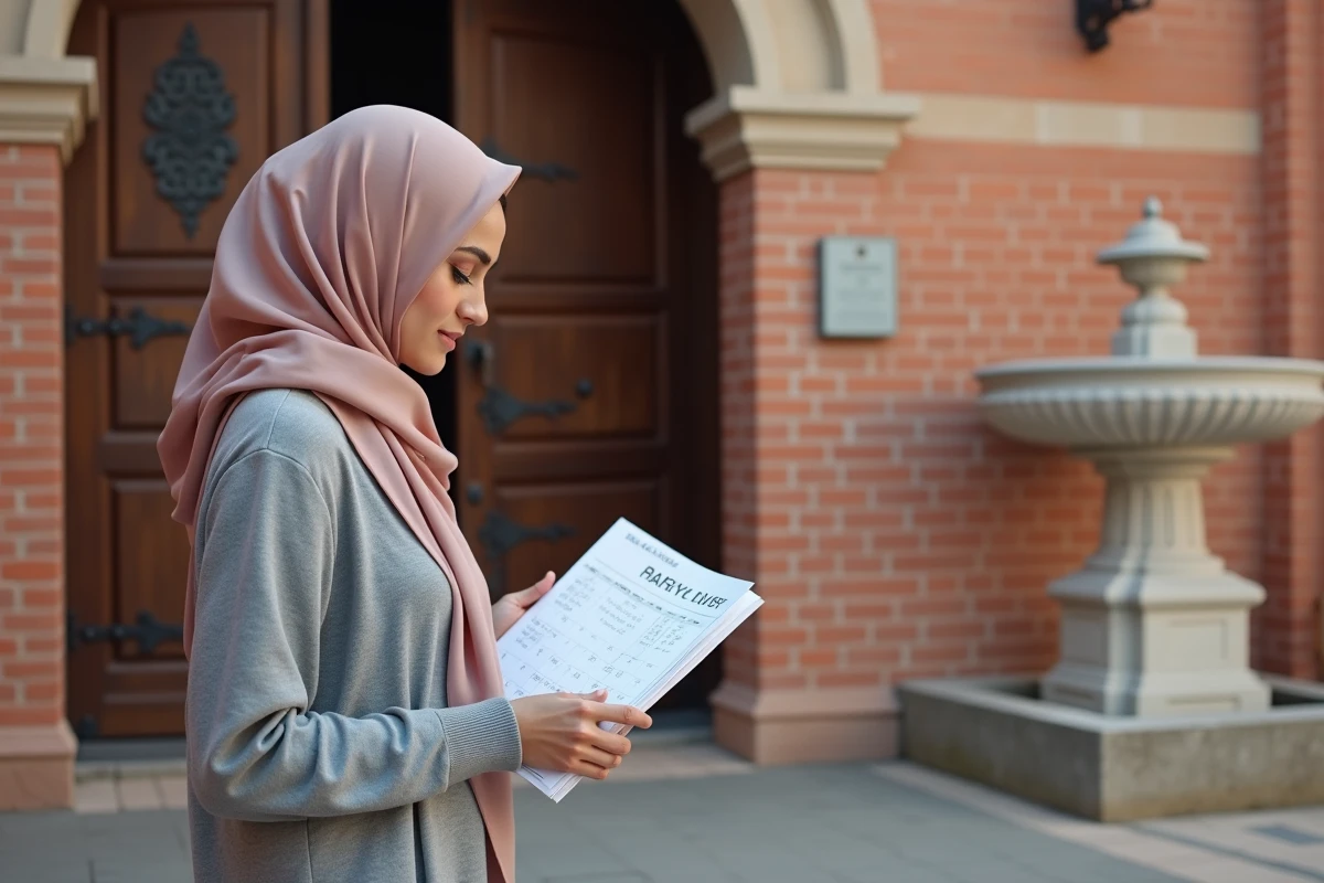 Femme voilée consultant un calendrier des horaires de prière devant une mosquée en briques roses à Toulouse
