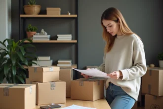 Jeune femme organisant des colis dans un bureau à domicile