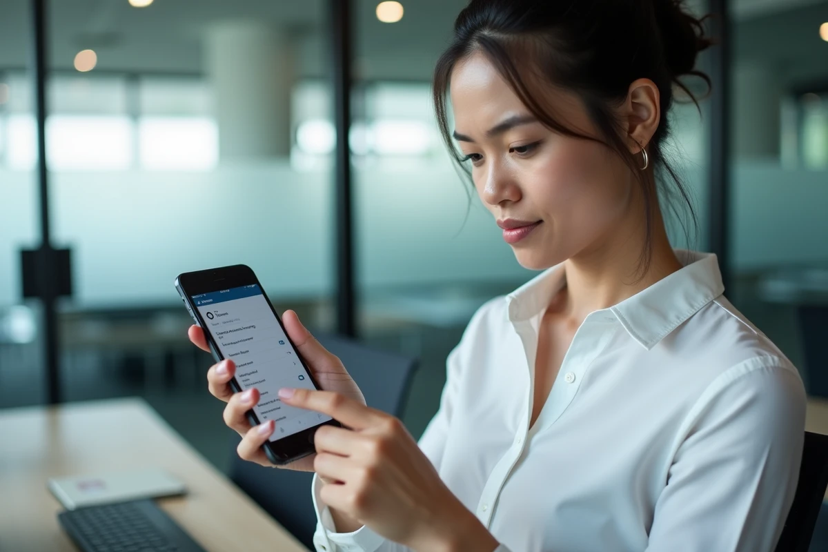 Femme consultant les paramètres de sécurité sur smartphone dans un environnement de bureau professionnel