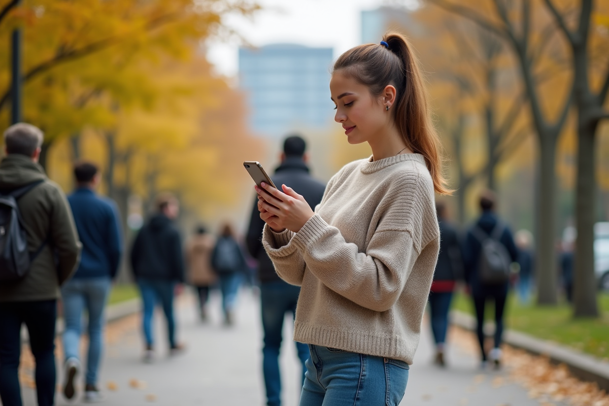 Jeune femme dans un parc urbain observant son téléphone