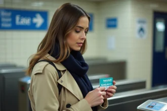 Femme tenant un pass Navigo à l'entrée d'une station de métro parisienne