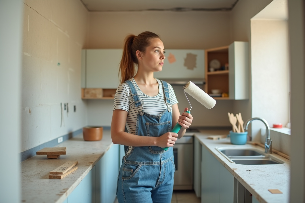 Jeune femme en overalls regarde un nuancier de couleur