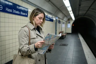 Femme consultant un plan de métro ligne 9 sur un quai parisien désert en soirée