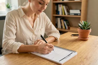 Femme écrivant sur un planning mensuel imprimé posé sur un bureau en bois dans un bureau à domicile ordonné