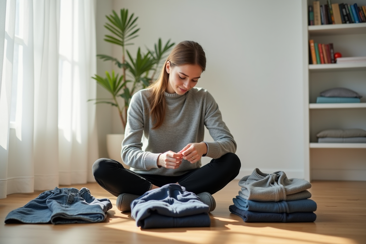 Femme plie des vêtements dans un appartement lumineux