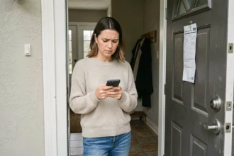 Femme tenant un smartphone devant sa porte après avoir raté une livraison Amazon, regardant un avis de passage