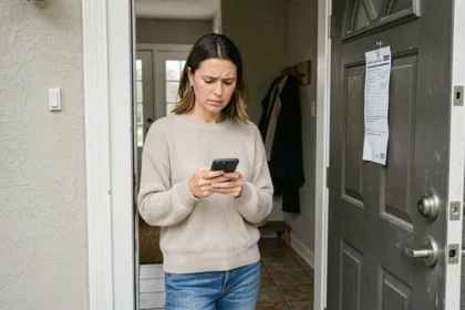 Femme tenant un smartphone devant sa porte après avoir raté une livraison Amazon, regardant un avis de passage