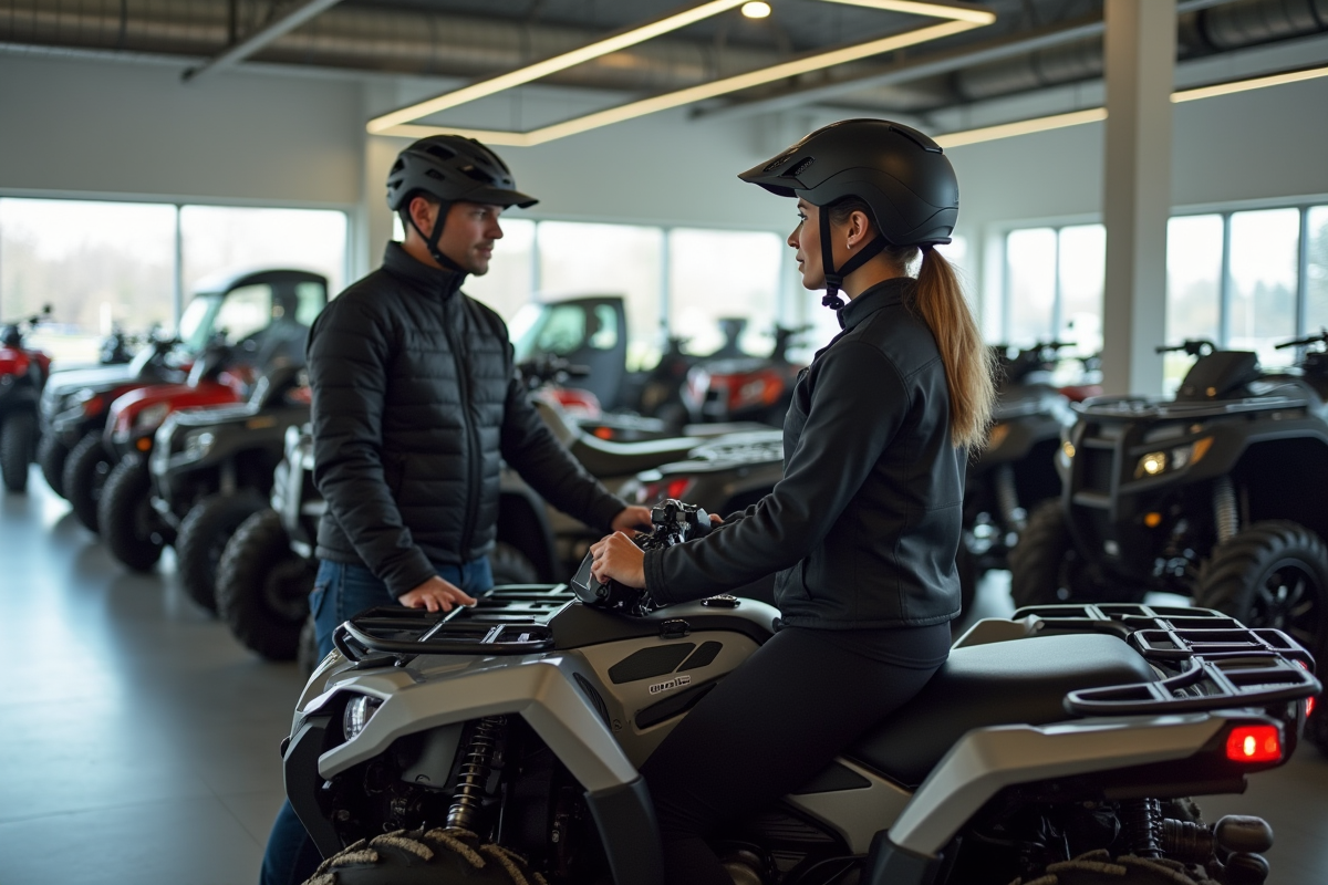 Femme en quad dans un showroom avec conseiller