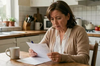 Femme relisant attentivement une lettre d'attestation d'hébergement à une table de cuisine pour éviter les erreurs de rédaction