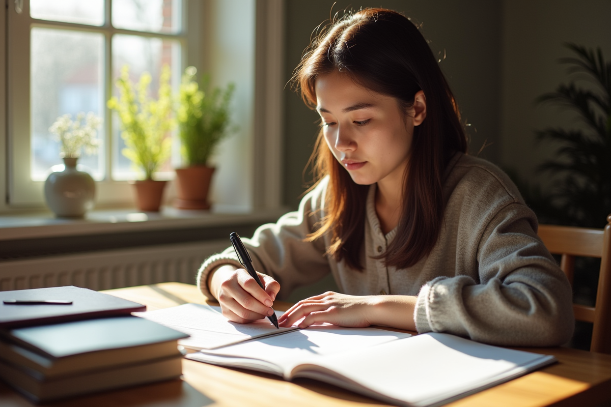 Jeune femme remplissant un formulaire chez elle au matin