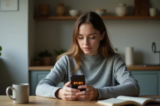Jeune femme regardant son téléphone avec l'heure 21h21