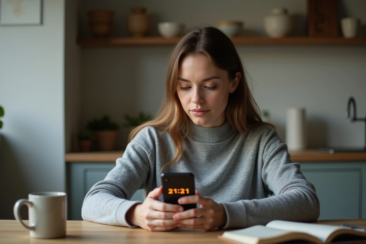 Jeune femme regardant son téléphone avec l'heure 21h21