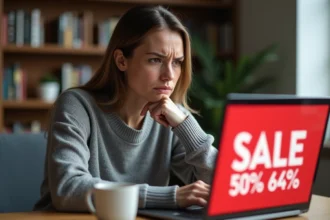 Femme scrutant avec scepticisme une fausse promotion du Cyber Monday sur son ordinateur portable depuis son bureau à domicile