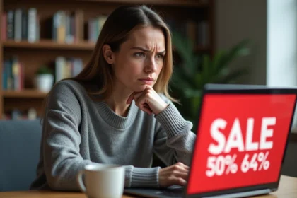 Femme scrutant avec scepticisme une fausse promotion du Cyber Monday sur son ordinateur portable depuis son bureau à domicile